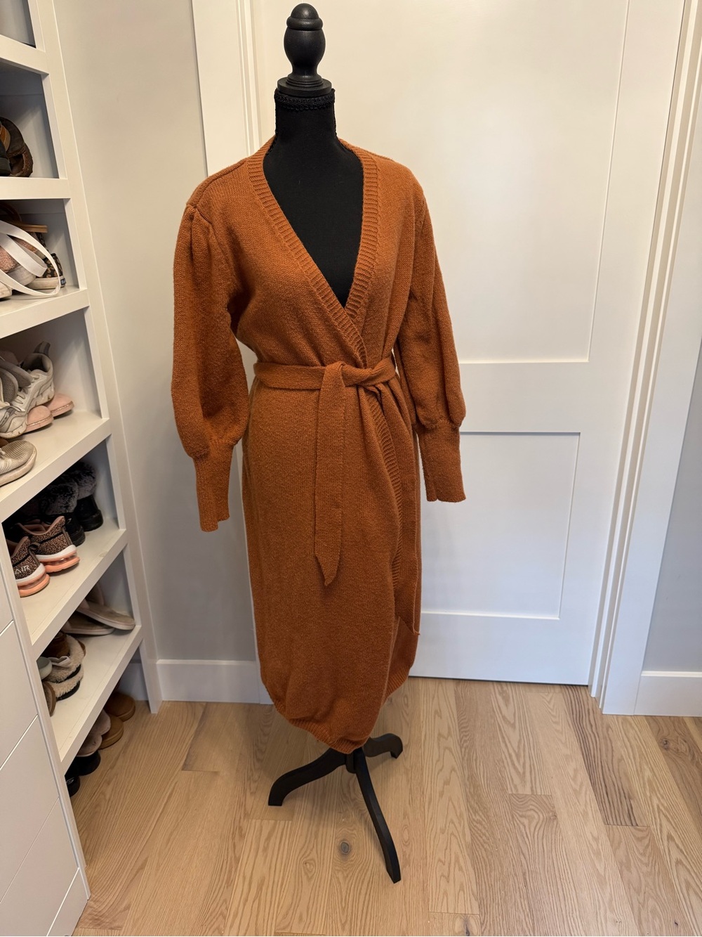 SHEIN Rust Brown Knit Wrap Midi Dress with Belt